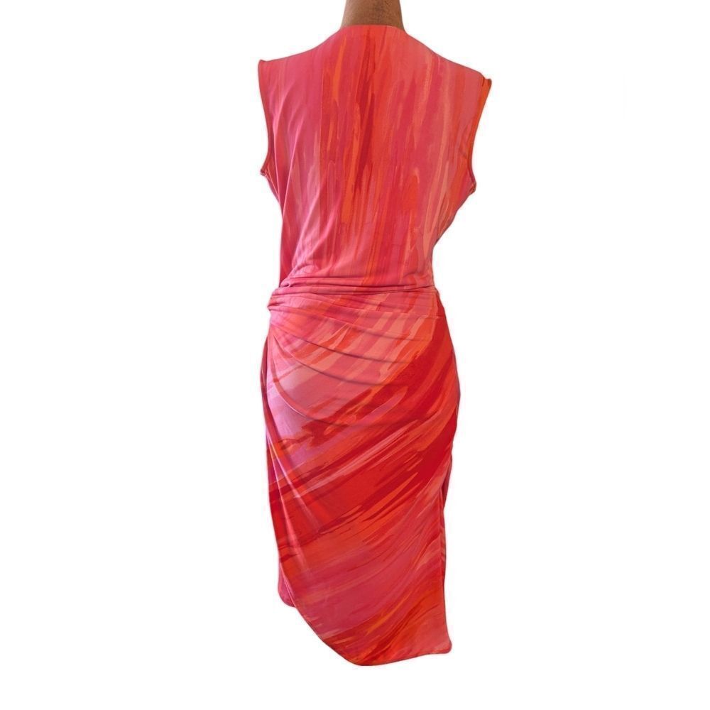 Natori Red Pink Watercolor Ruched Sheath Dress V-Neck Sleeveless Cocktail Small - Picture 9 of 10
